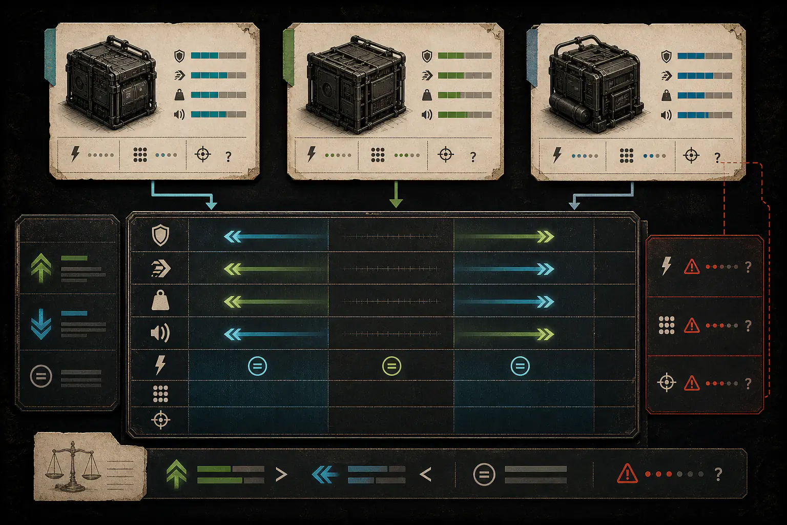 Three same-slot Equipment records feeding a trade-off comparison where known advantages and equals are compared while unknown and conflicting fields stay isolated