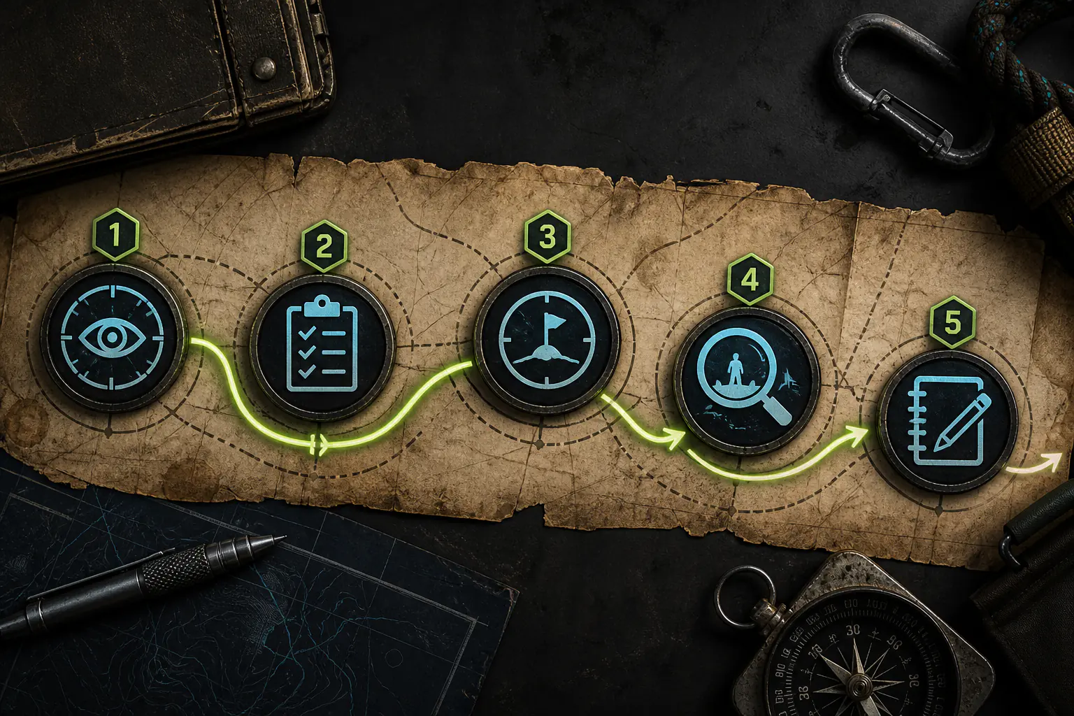 Five-step first-session route from observing the live game state through choosing, verifying and recording one next objective
