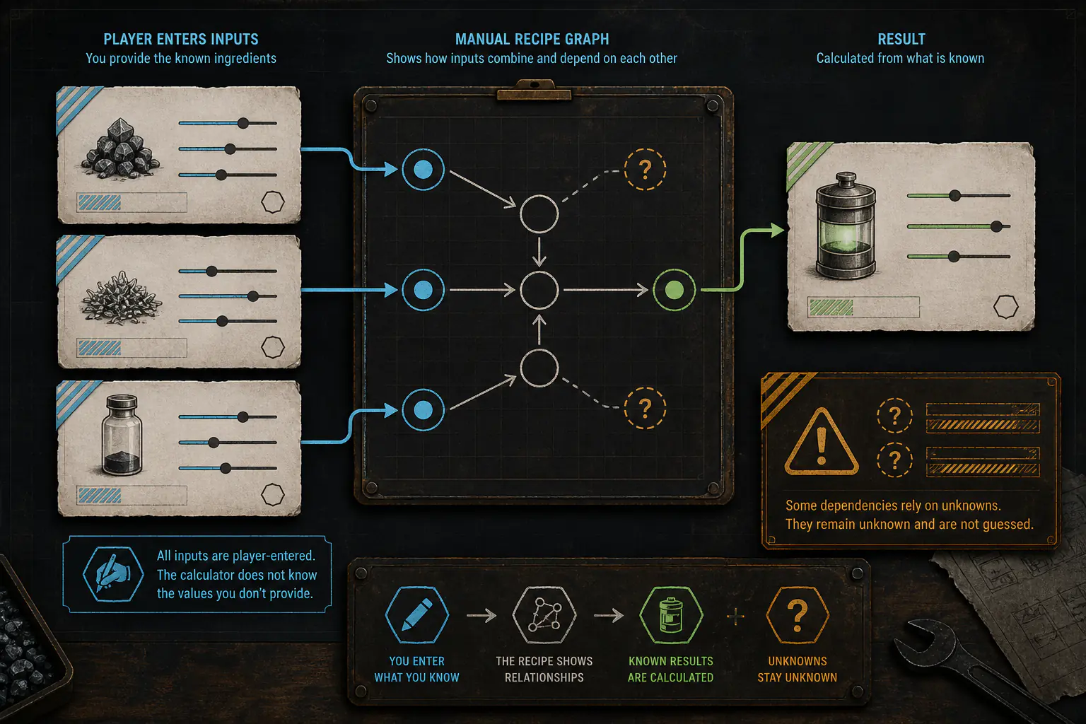 Recipe dependency example showing three player-entered ingredients flowing through a manual graph to a calculated result while unknown dependencies remain separate